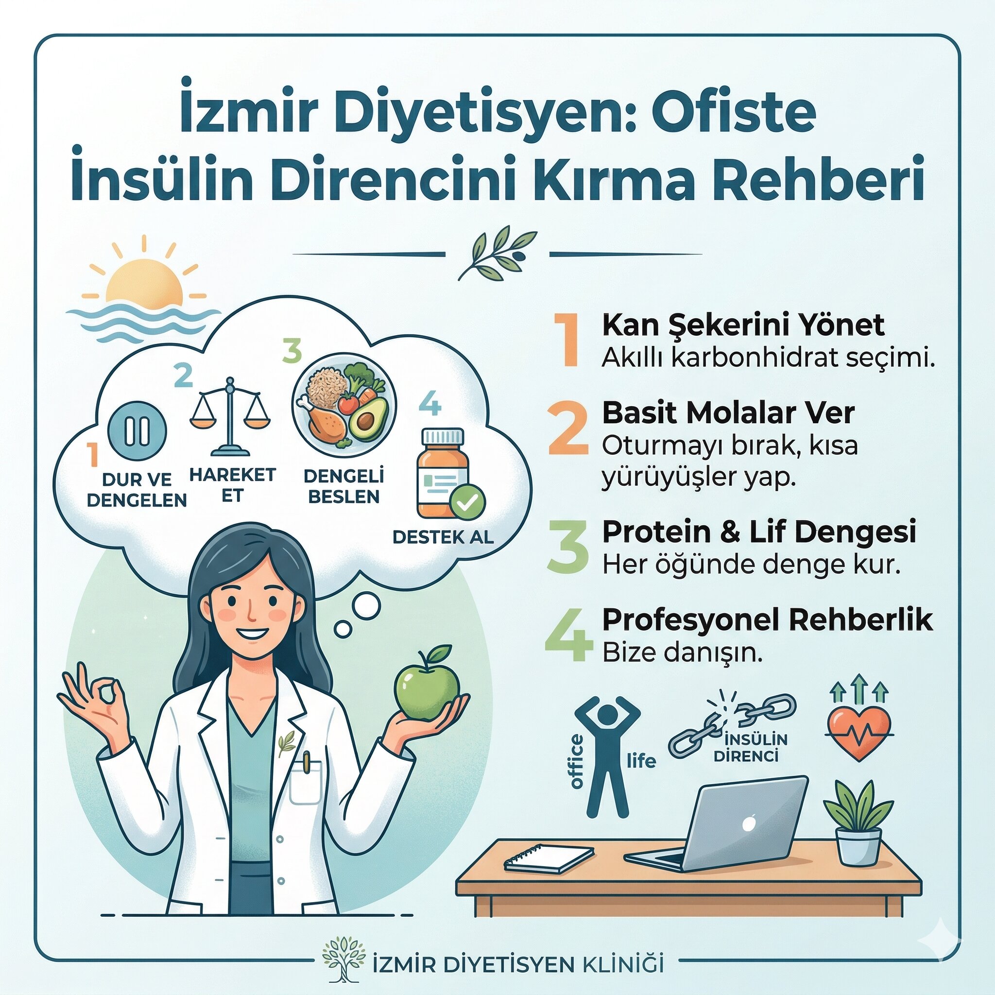 İzmir diyetisyen uzmanlığında hazırlanan ofis çalışanları için insülin direnci kırma rehberi grafik görseli