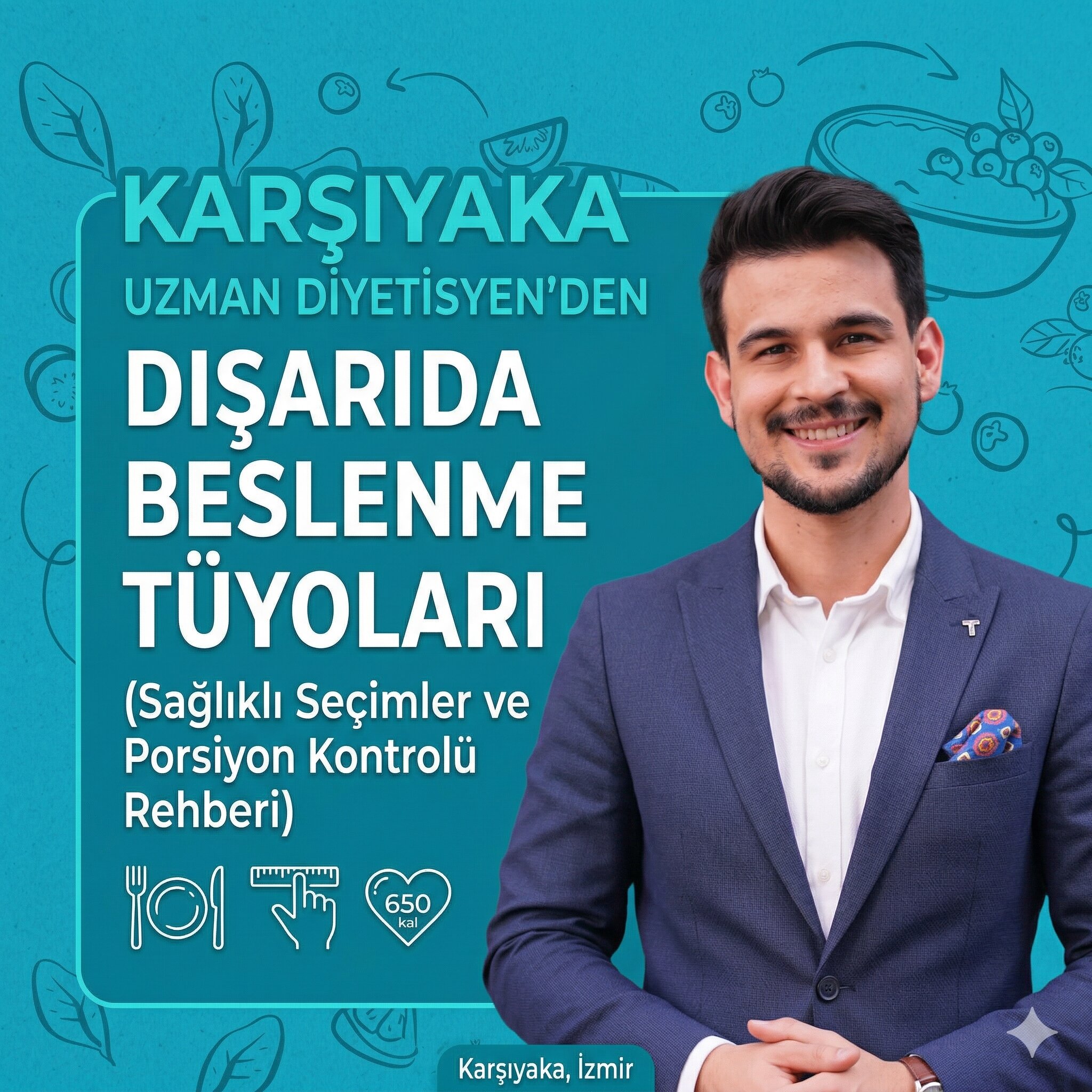Karşıyaka Uzman Diyetisyen dışarıda beslenme tüyoları, sağlıklı seçimler ve porsiyon kontrolü rehberi bilgilendirici görseli.